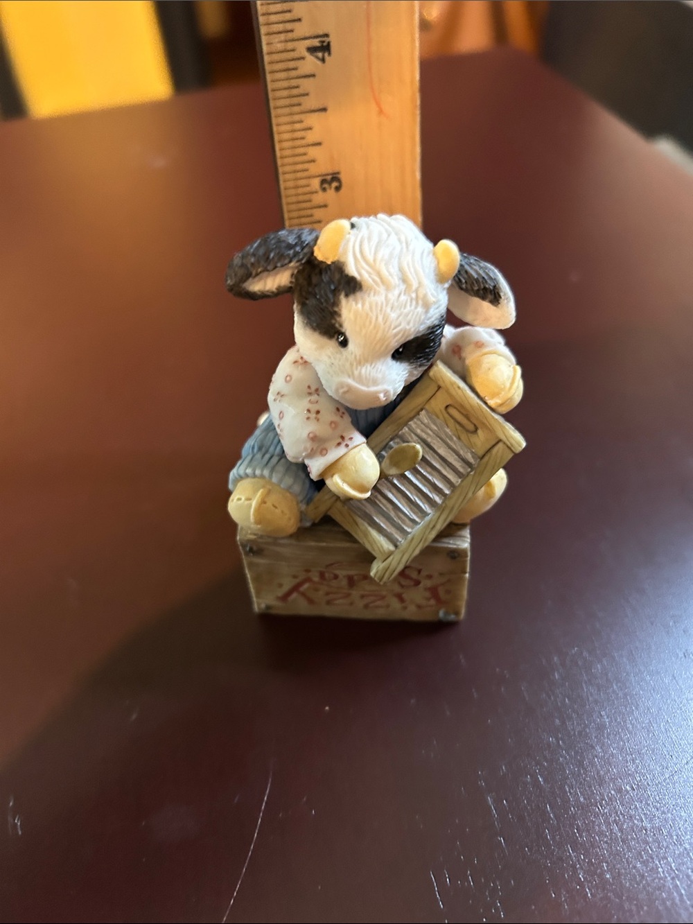 Mary Moos Cow Figurine Collectible in White, Black & Tan